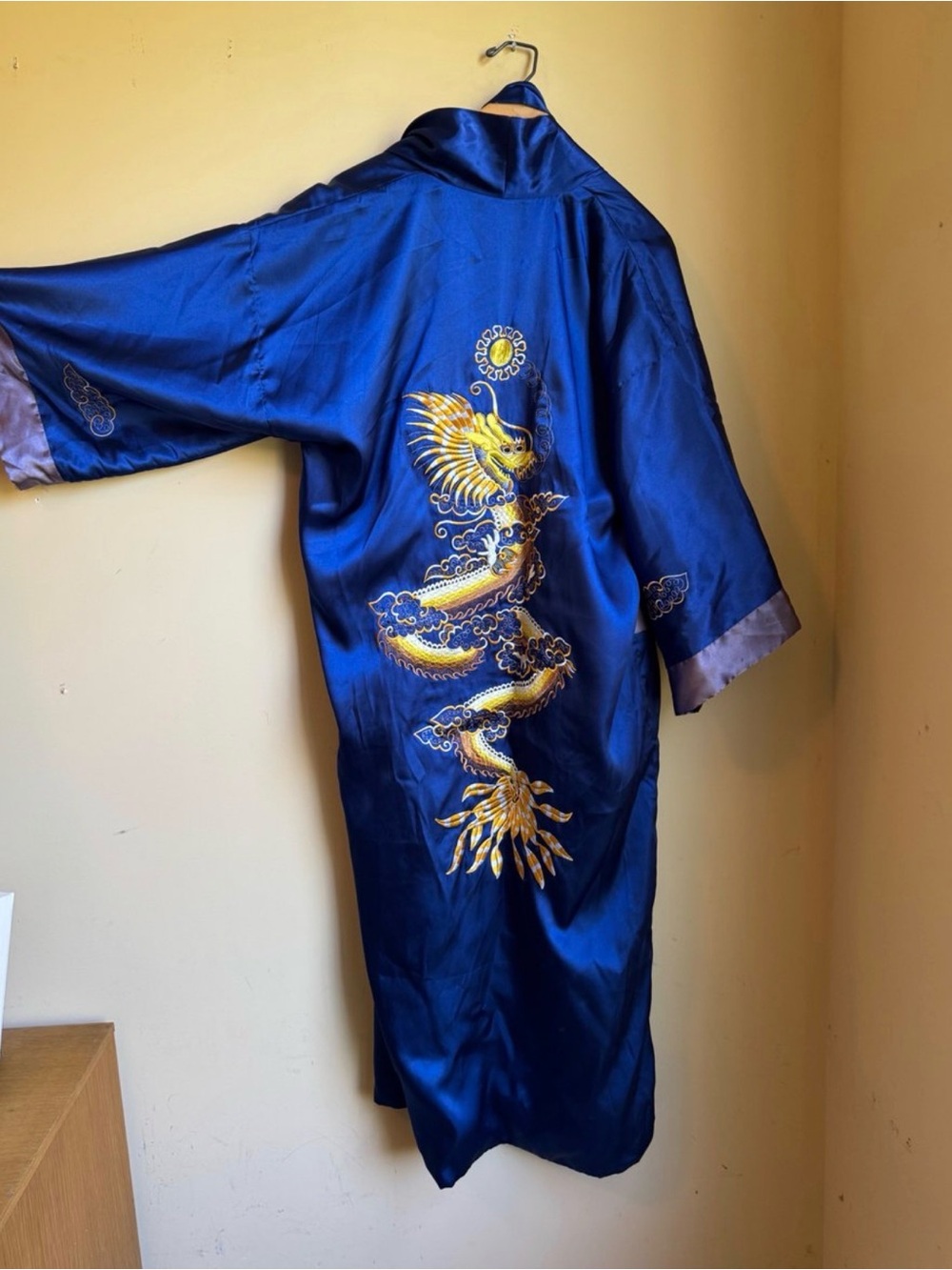 Blue Satin kimono with Gold Embroidered Dragon